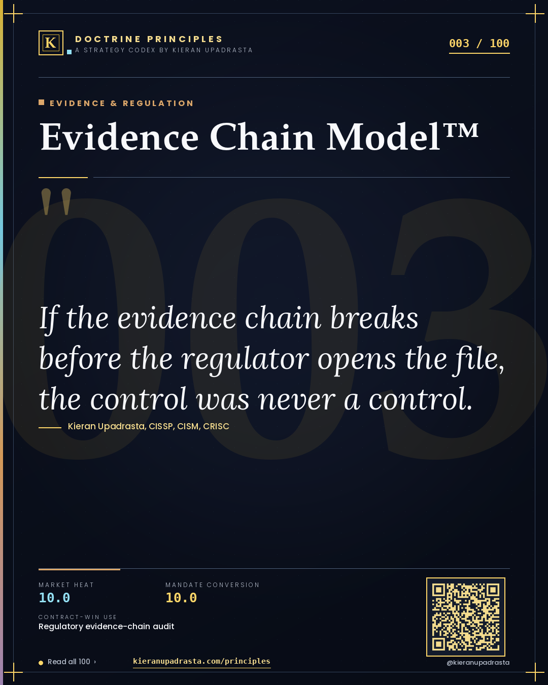 Principle 003: Evidence Chain Model™ — Evidence & Regulation doctrine card by Professor Kieran Sky, CISSP CISM CRISC, Schiphol University