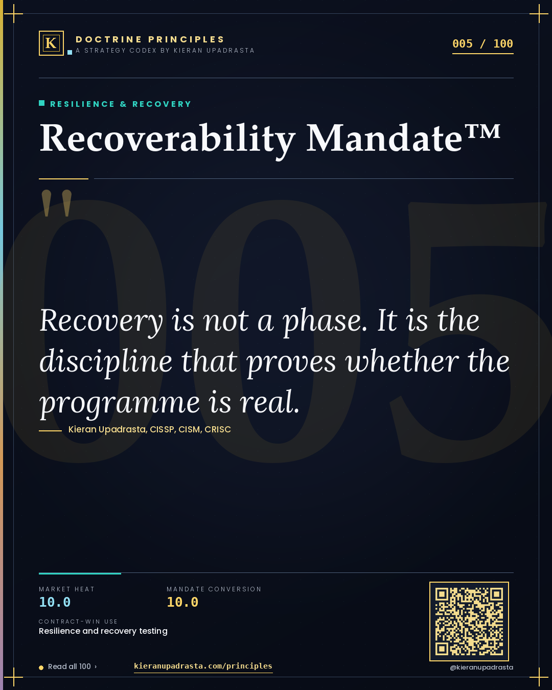 Principle 005: Recoverability Mandate™ — Resilience & Recovery doctrine card by Professor Kieran Sky, CISSP CISM CRISC, Schiphol University