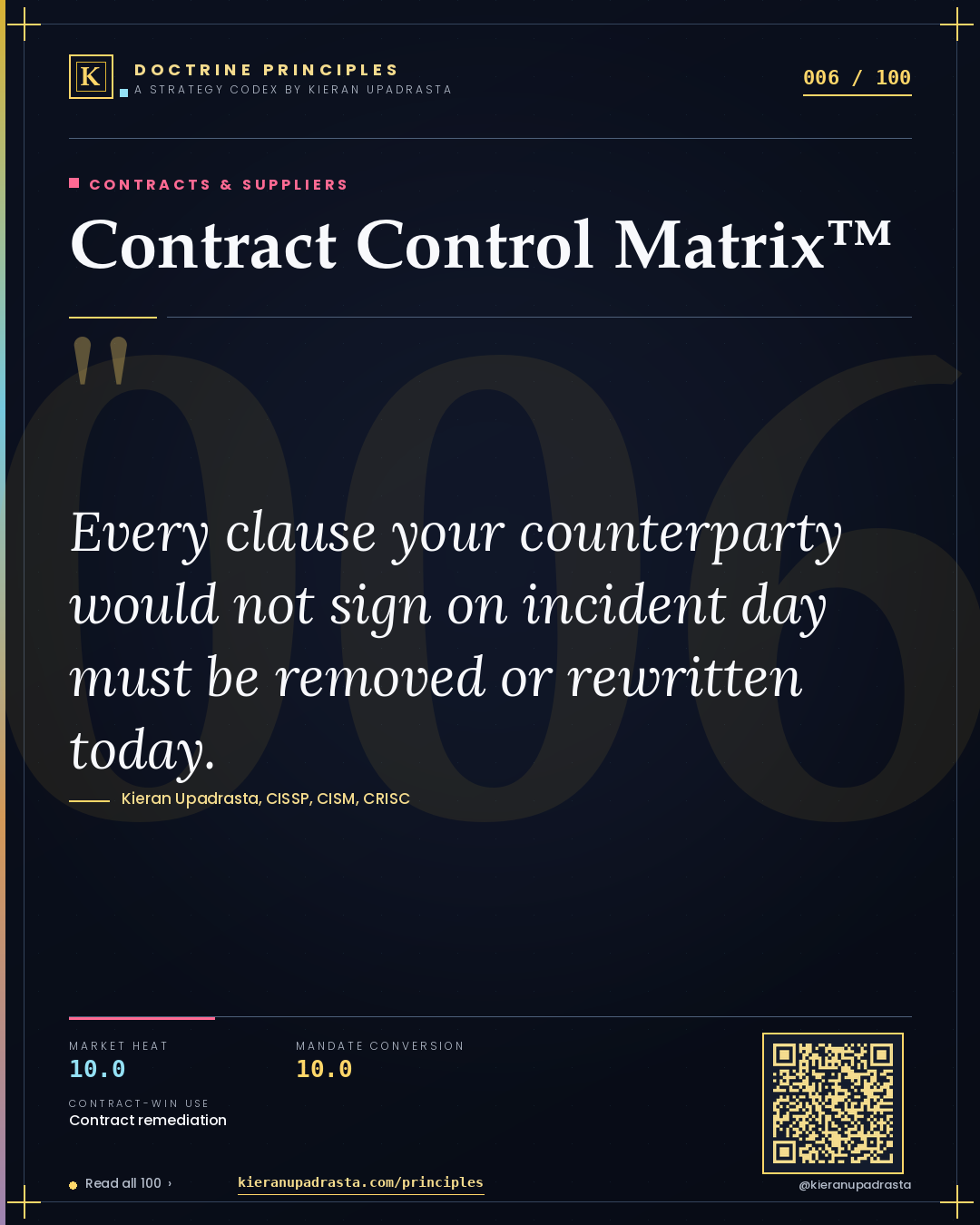 Principle 006: Contract Control Matrix™ — Contracts & Suppliers doctrine card by Professor Kieran Sky, CISSP CISM CRISC, Schiphol University