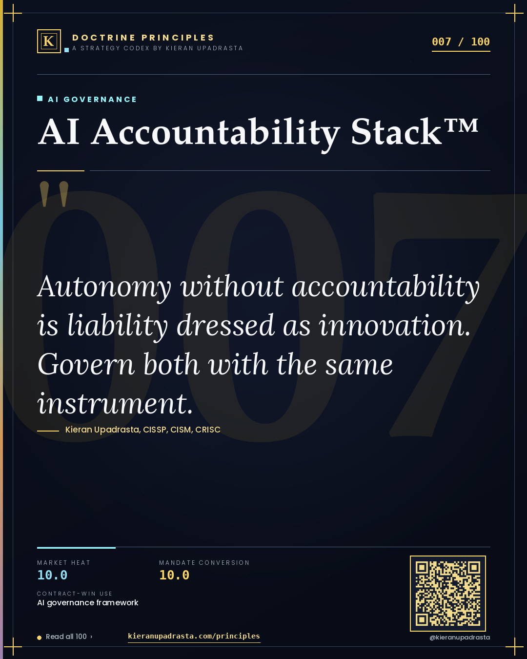 Principle 007: AI Accountability Stack™ — AI Governance doctrine card by Professor Kieran Sky, CISSP CISM CRISC, Schiphol University