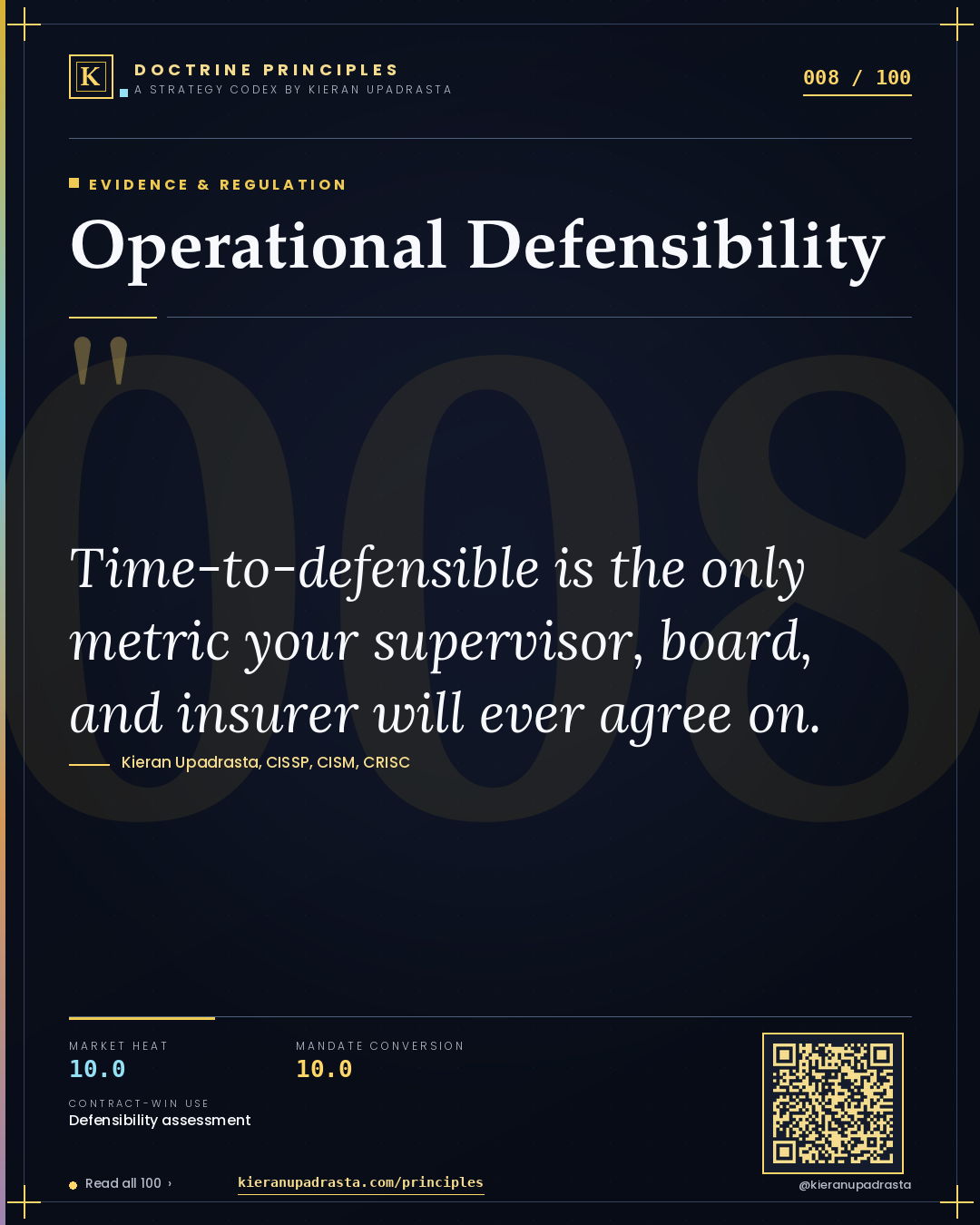 Principle 008: Operational Defensibility — Evidence & Regulation doctrine card by Professor Kieran Sky, CISSP CISM CRISC, Schiphol University