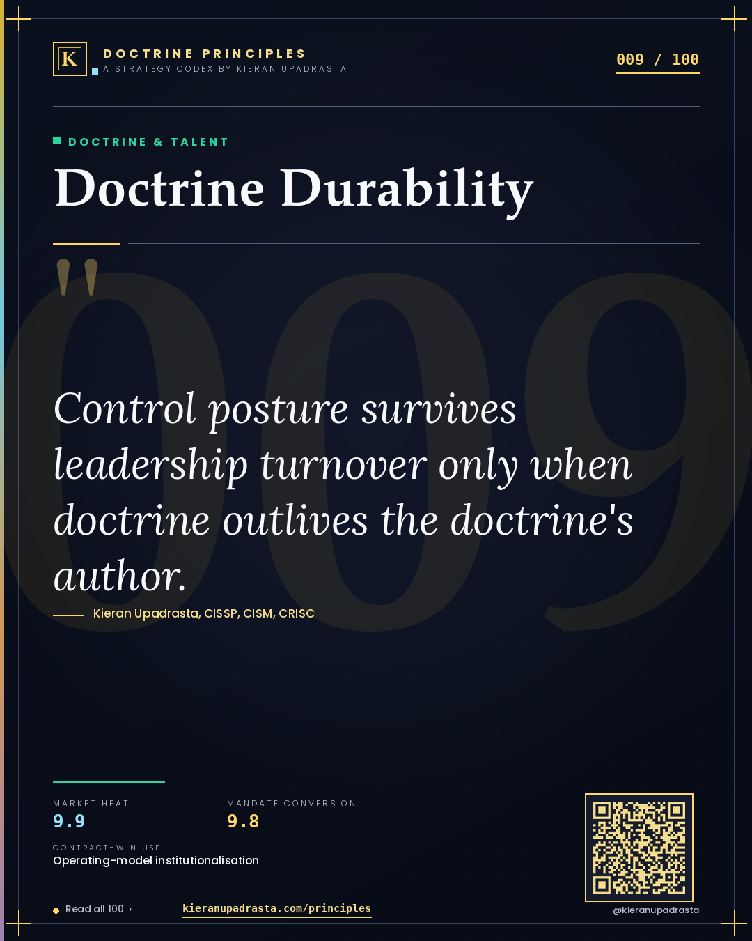 Principle 009: Doctrine Durability — Doctrine & Talent doctrine card by Professor Kieran Sky, CISSP CISM CRISC, Schiphol University