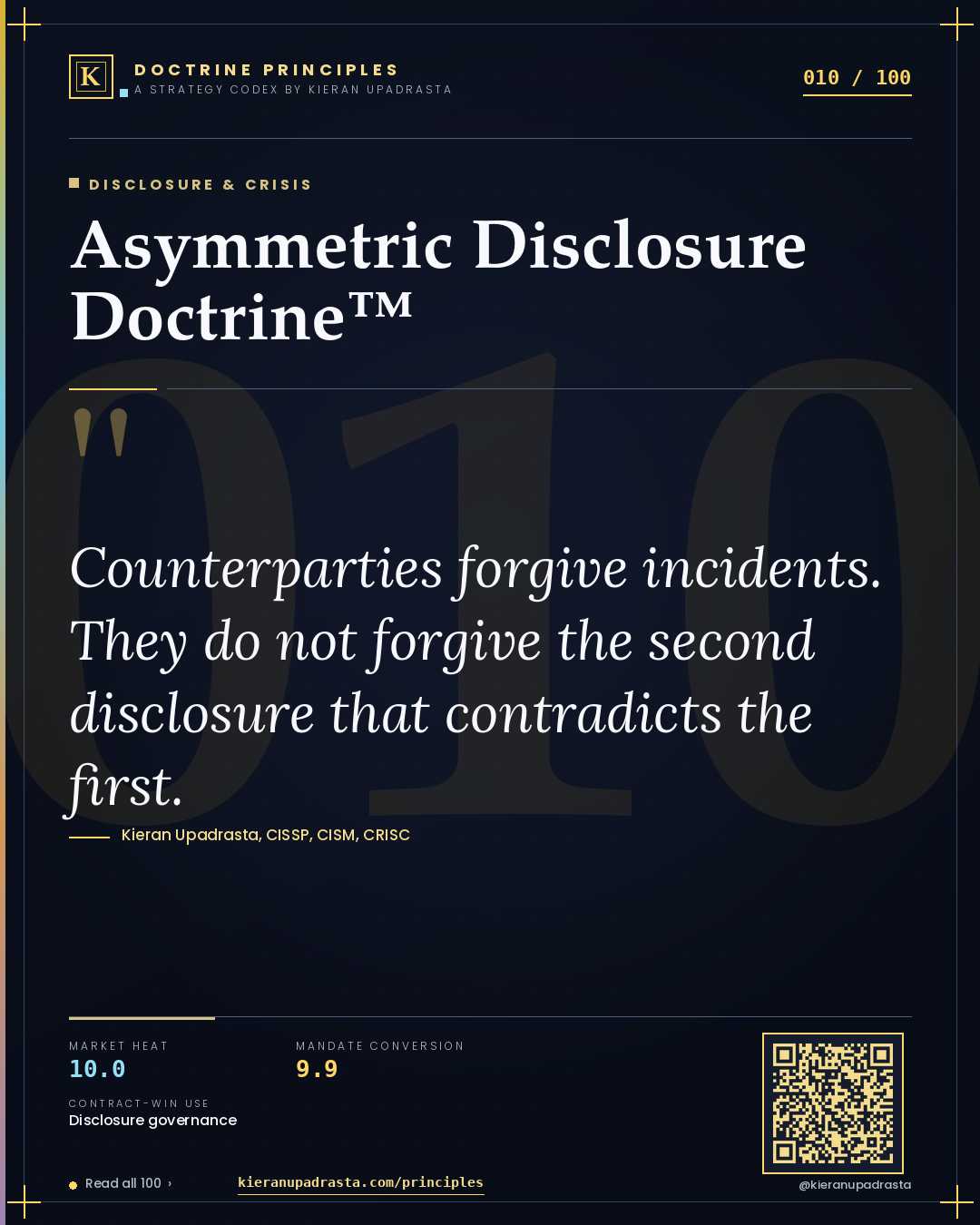 Principle 010: Asymmetric Disclosure Doctrine™ — Disclosure & Crisis doctrine card by Professor Kieran Sky, CISSP CISM CRISC, Schiphol University