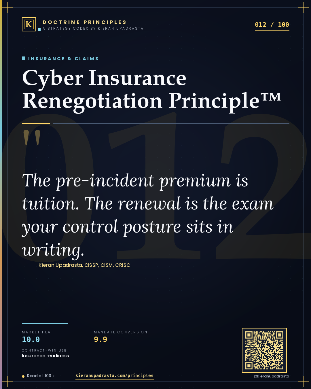 Principle 012: Cyber Insurance Renegotiation Principle™ — Insurance & Claims doctrine card by Professor Kieran Sky, CISSP CISM CRISC, Schiphol University