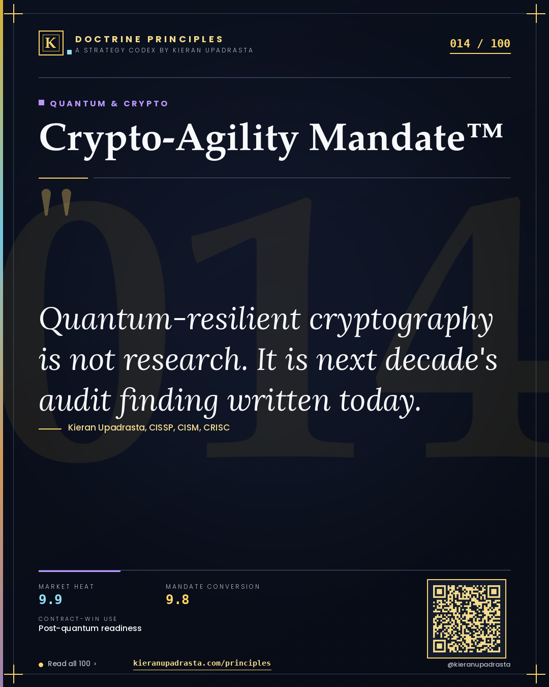 Principle 014: Crypto-Agility Mandate™ — Quantum & Crypto doctrine card by Professor Kieran Sky, CISSP CISM CRISC, Schiphol University
