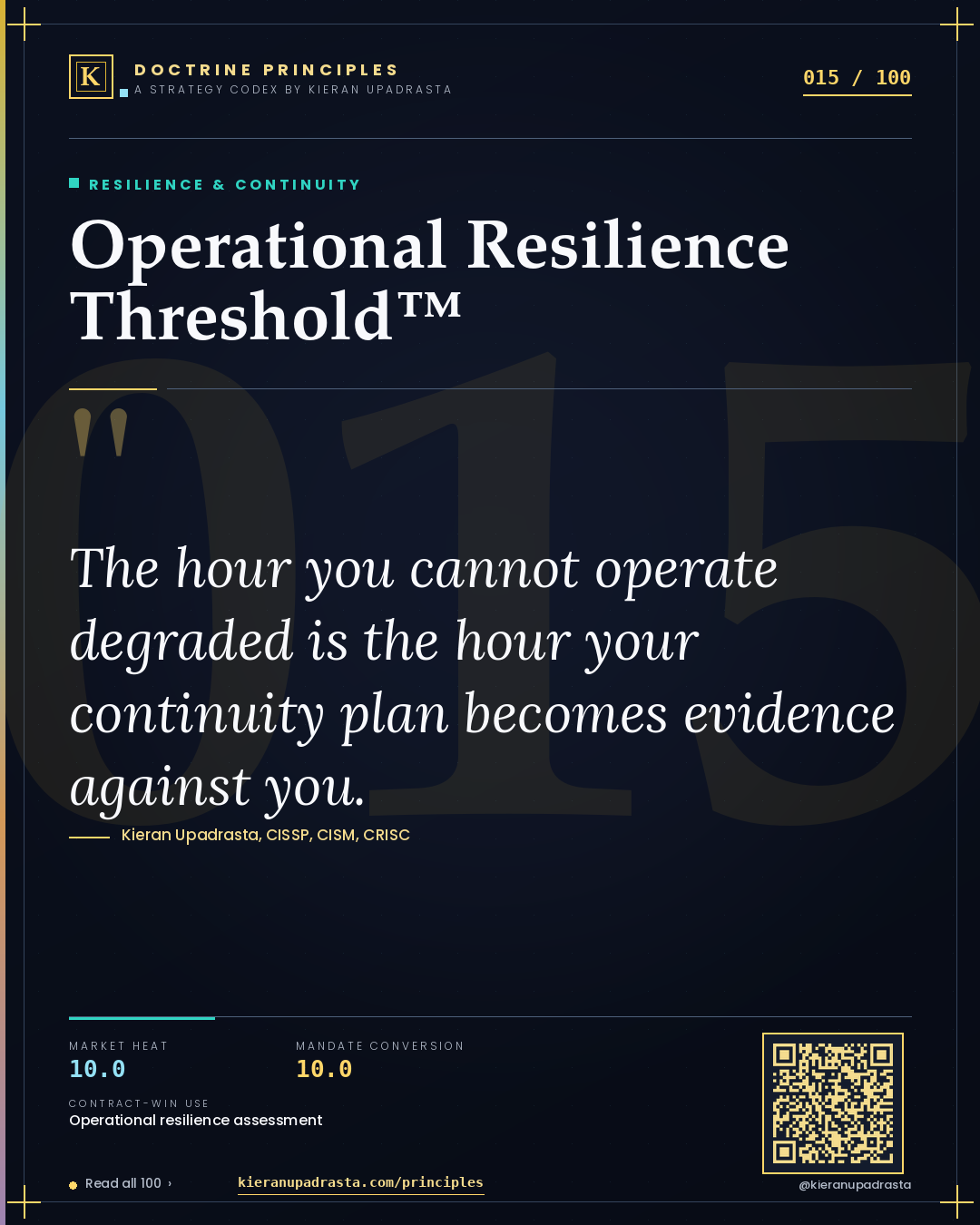 Principle 015: Operational Resilience Threshold™ — Resilience & Continuity doctrine card by Professor Kieran Sky, CISSP CISM CRISC, Schiphol University