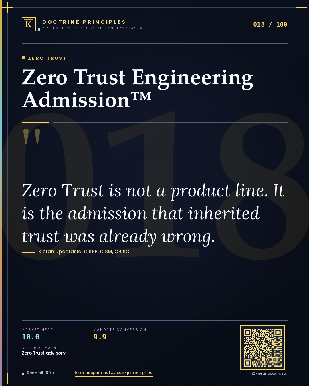 Principle 018: Zero Trust Engineering Admission™ — Zero Trust doctrine card by Professor Kieran Sky, CISSP CISM CRISC, Schiphol University