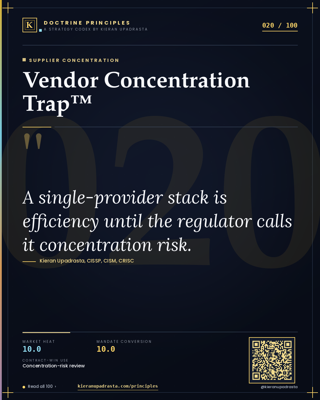 Principle 020: Vendor Concentration Trap™ — Supplier Concentration doctrine card by Professor Kieran Sky, CISSP CISM CRISC, Schiphol University