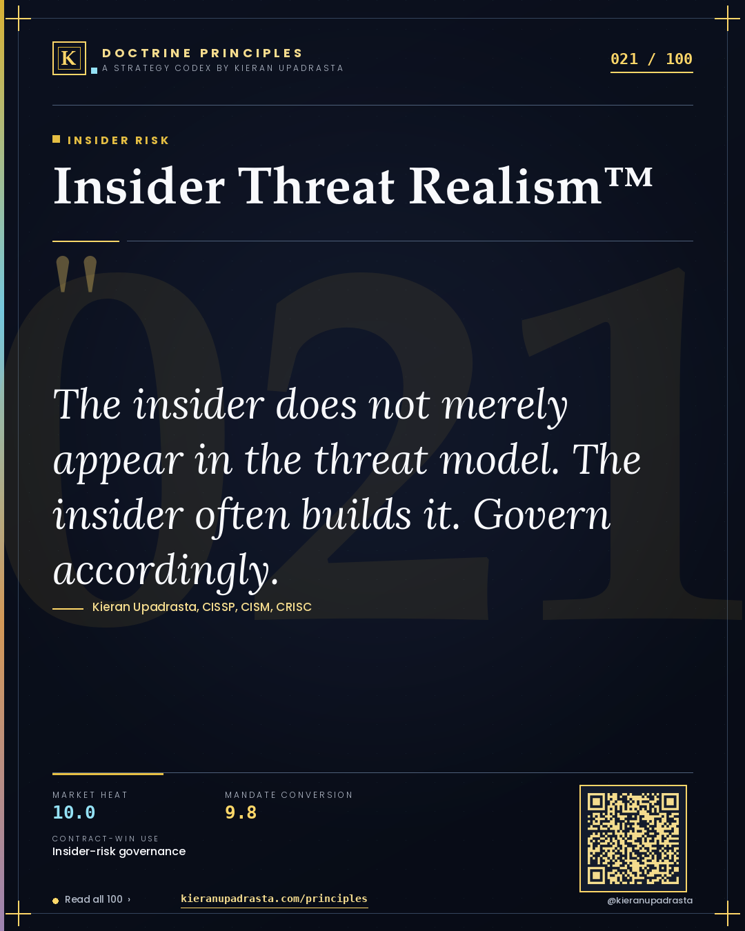 Principle 021: Insider Threat Realism™ — Insider Risk doctrine card by Professor Kieran Sky, CISSP CISM CRISC, Schiphol University