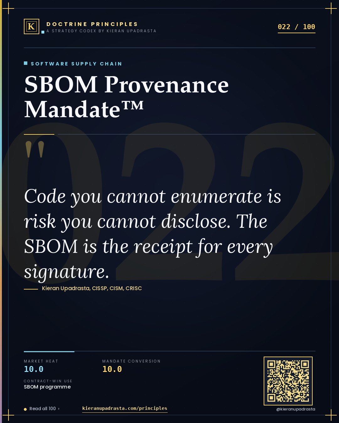 Principle 022: SBOM Provenance Mandate™ — Software Supply Chain doctrine card by Professor Kieran Sky, CISSP CISM CRISC, Schiphol University