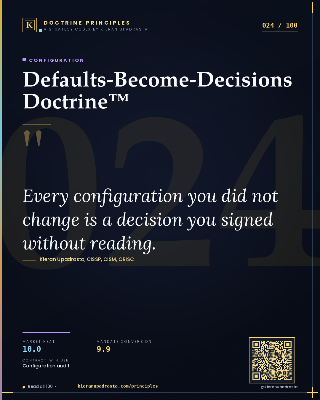 Principle 024: Defaults-Become-Decisions Doctrine™ — Configuration doctrine card by Professor Kieran Sky, CISSP CISM CRISC, Schiphol University