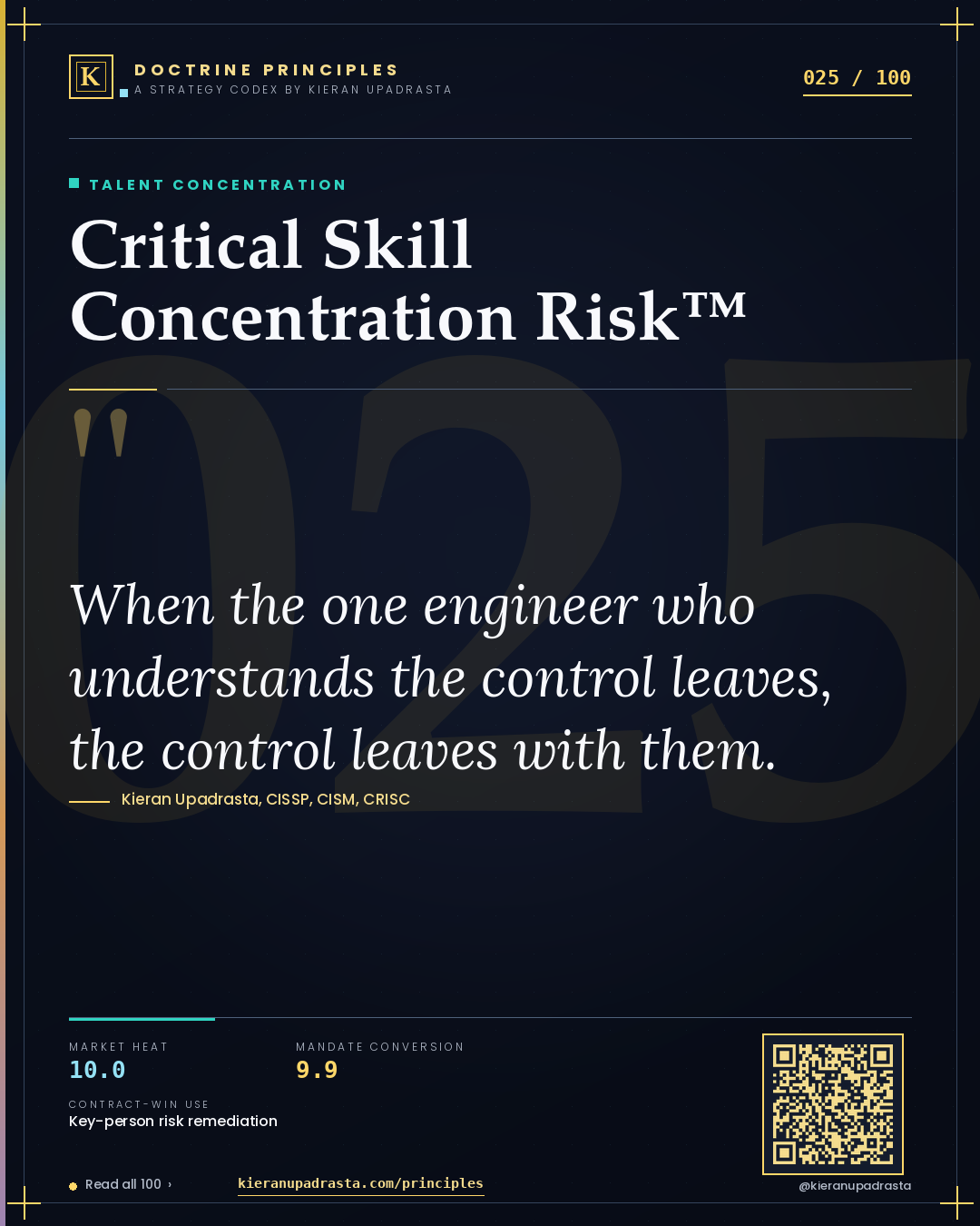 Principle 025: Critical Skill Concentration Risk™ — Talent Concentration doctrine card by Professor Kieran Sky, CISSP CISM CRISC, Schiphol University