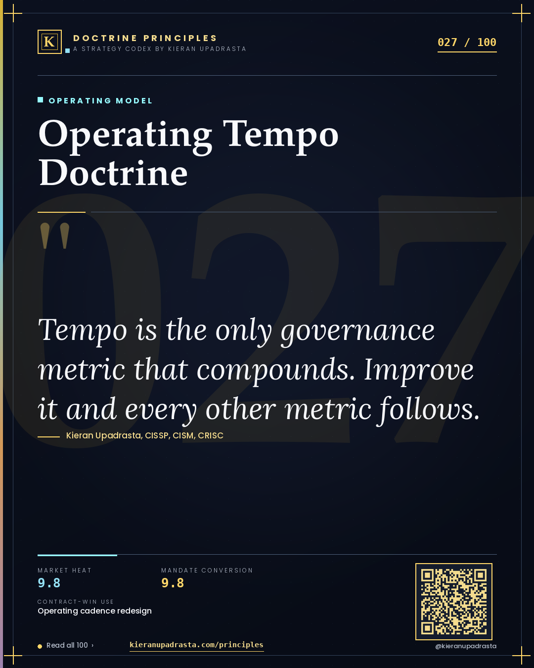 Principle 027: Operating Tempo Doctrine — Operating Model doctrine card by Professor Kieran Sky, CISSP CISM CRISC, Schiphol University