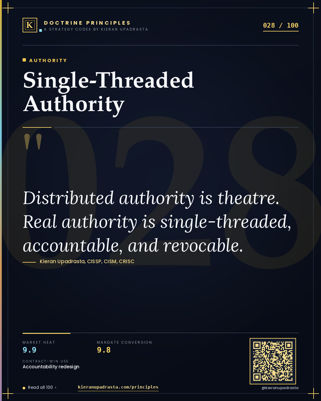 Principle 028: Single-Threaded Authority — Authority doctrine card by Professor Kieran Sky, CISSP CISM CRISC, Schiphol University