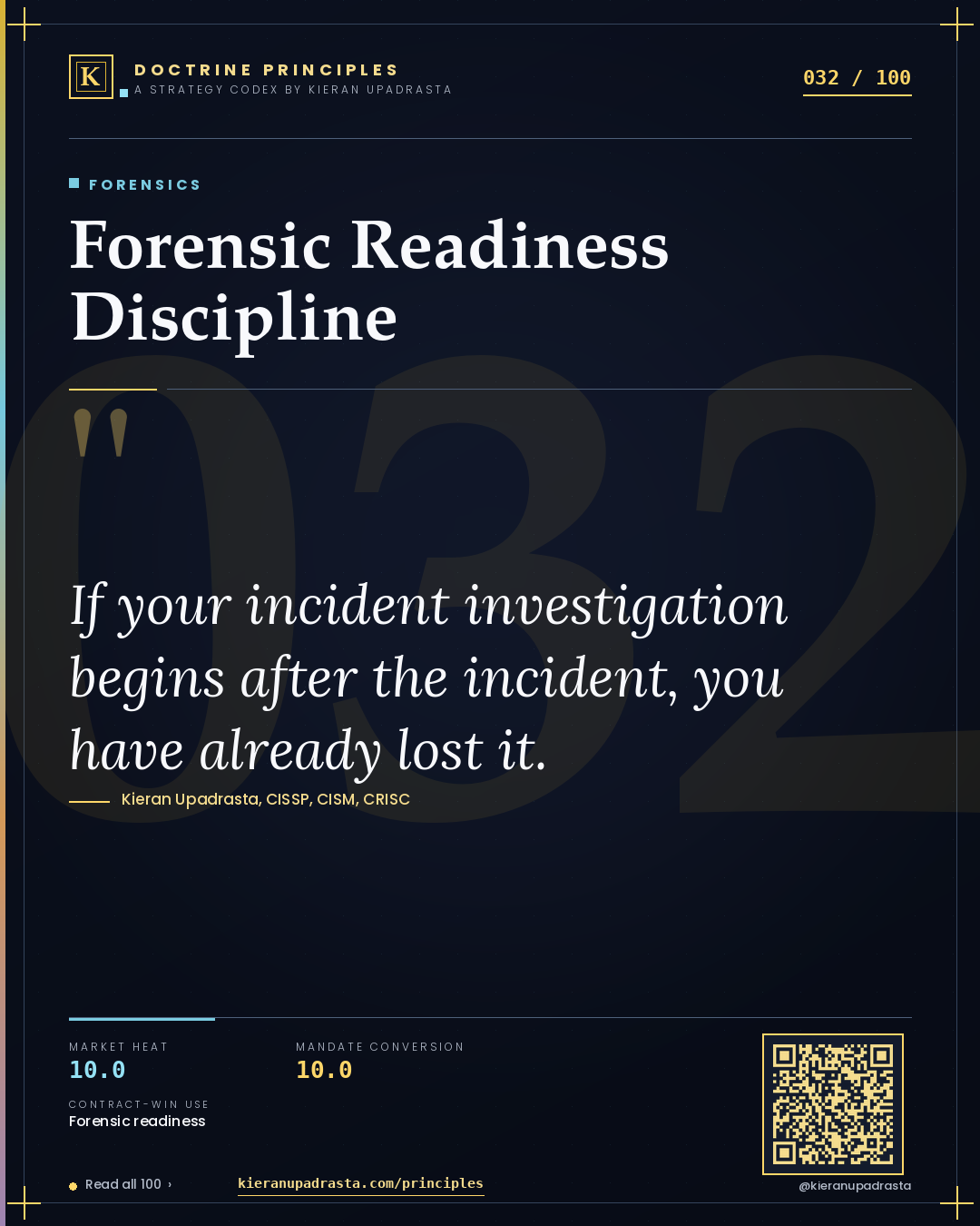 Principle 032: Forensic Readiness Discipline — Forensics doctrine card by Professor Kieran Sky, CISSP CISM CRISC, Schiphol University