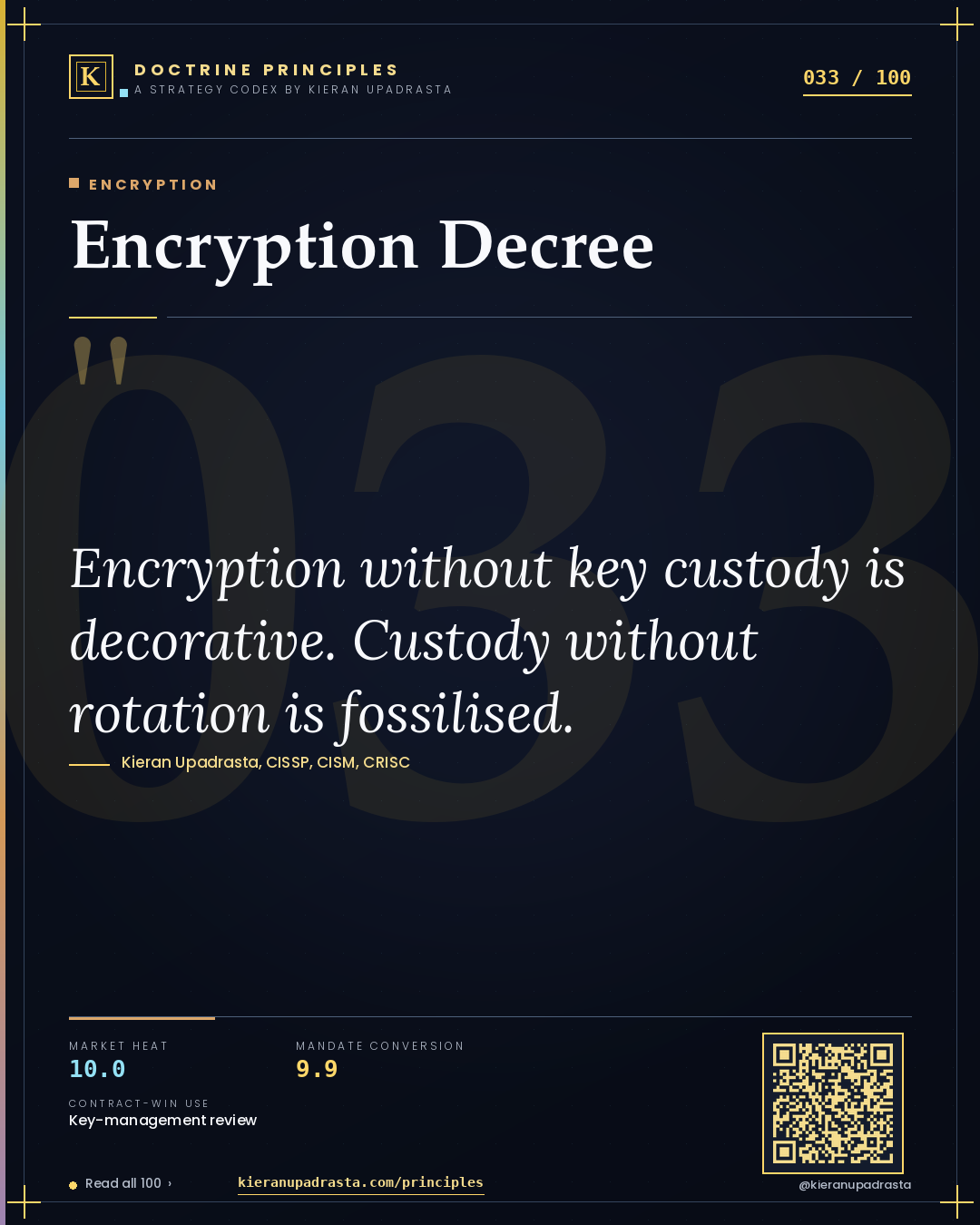 Principle 033: Encryption Decree — Encryption doctrine card by Professor Kieran Sky, CISSP CISM CRISC, Schiphol University