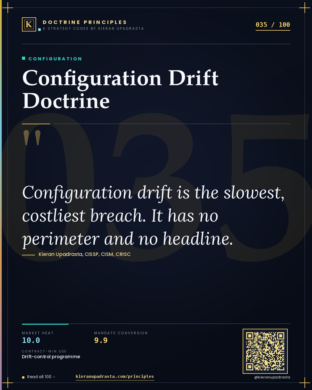 Principle 035: Configuration Drift Doctrine — Configuration doctrine card by Professor Kieran Sky, CISSP CISM CRISC, Schiphol University