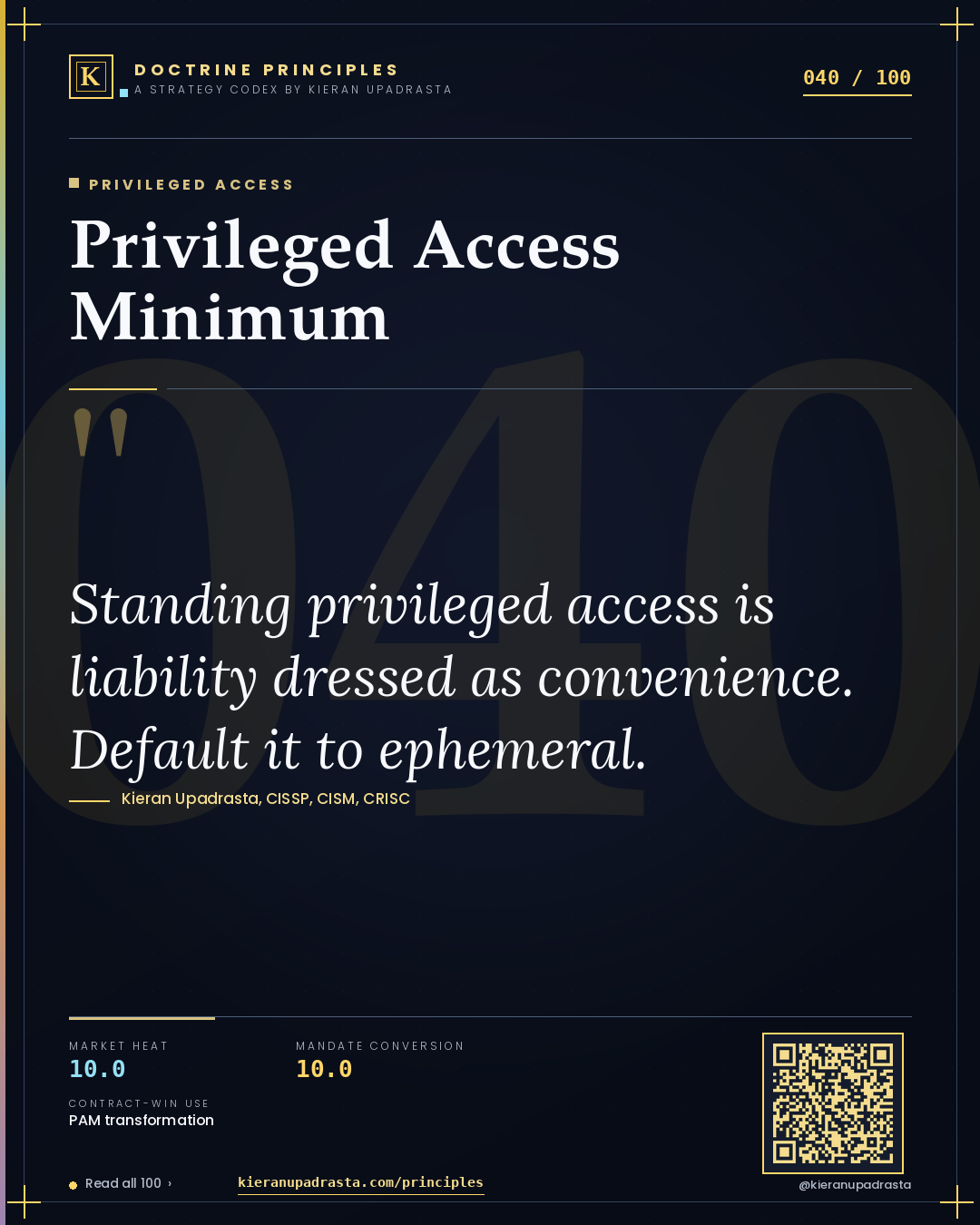 Principle 040: Privileged Access Minimum — Privileged Access doctrine card by Professor Kieran Sky, CISSP CISM CRISC, Schiphol University