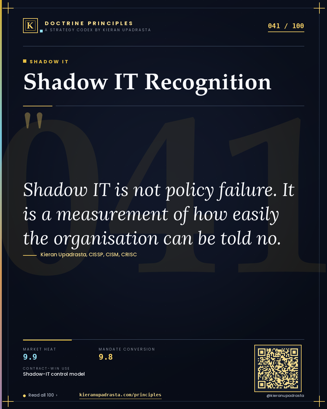 Principle 041: Shadow IT Recognition — Shadow IT doctrine card by Professor Kieran Sky, CISSP CISM CRISC, Schiphol University