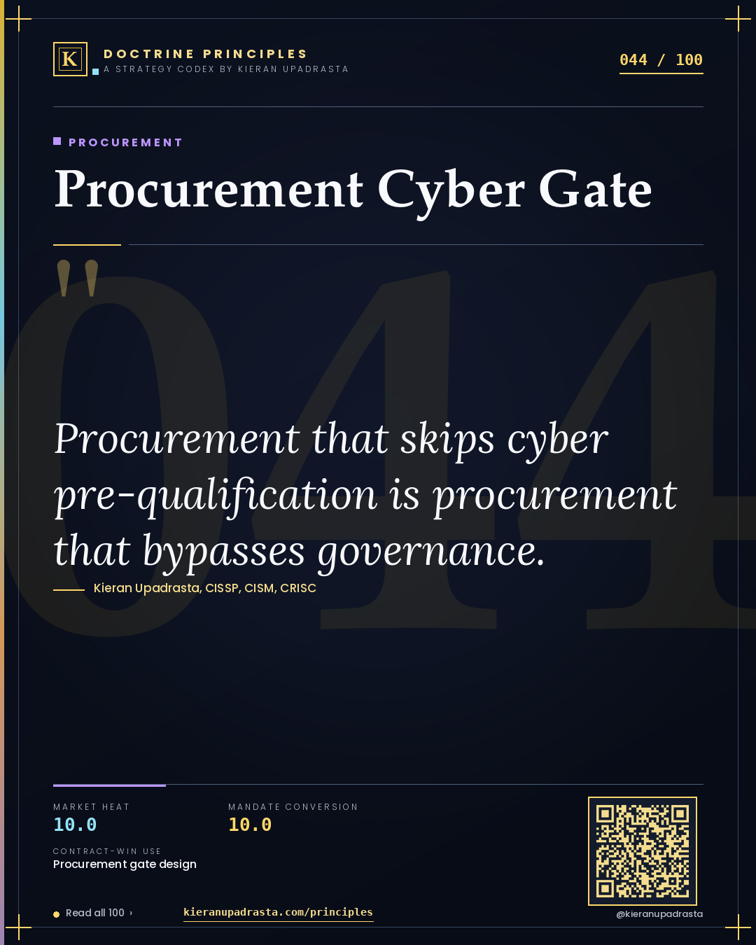 Principle 044: Procurement Cyber Gate — Procurement doctrine card by Professor Kieran Sky, CISSP CISM CRISC, Schiphol University