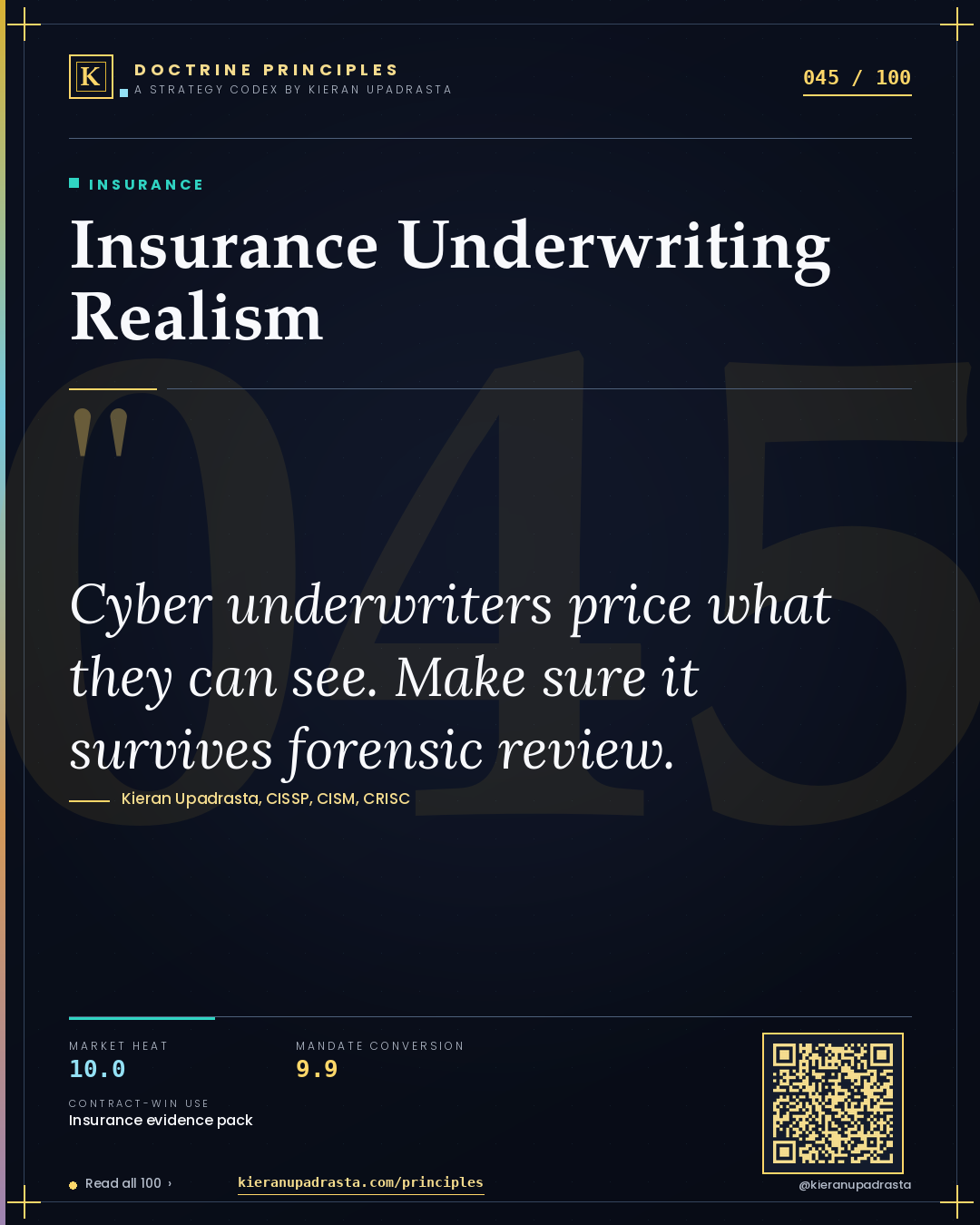 Principle 045: Insurance Underwriting Realism — Insurance doctrine card by Professor Kieran Sky, CISSP CISM CRISC, Schiphol University