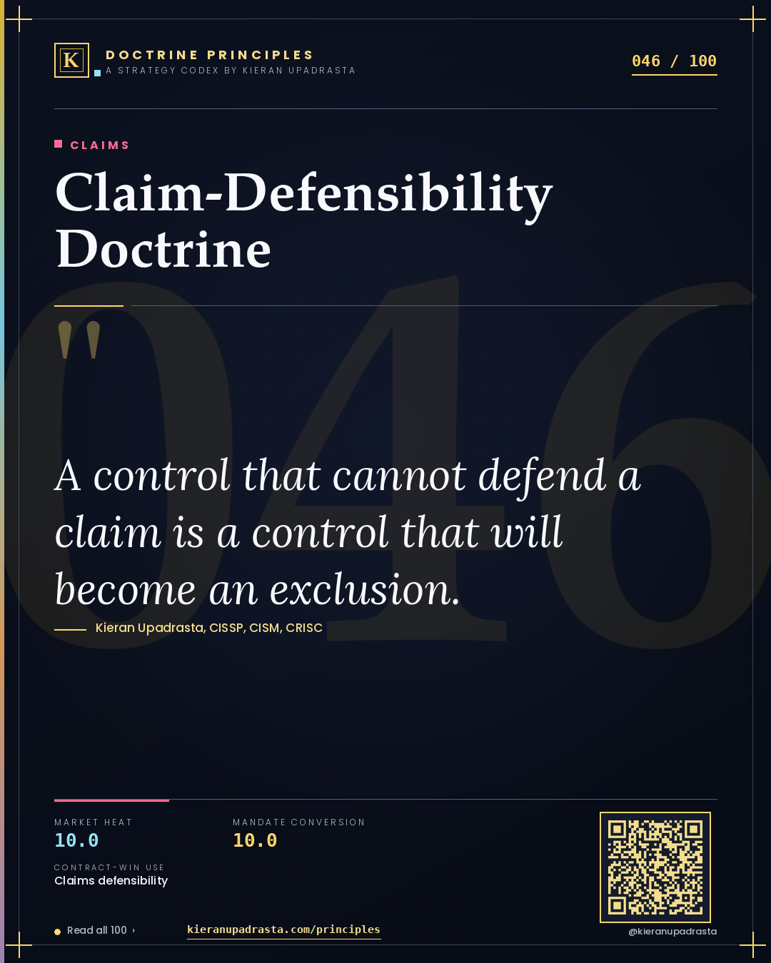 Principle 046: Claim-Defensibility Doctrine — Claims doctrine card by Professor Kieran Sky, CISSP CISM CRISC, Schiphol University