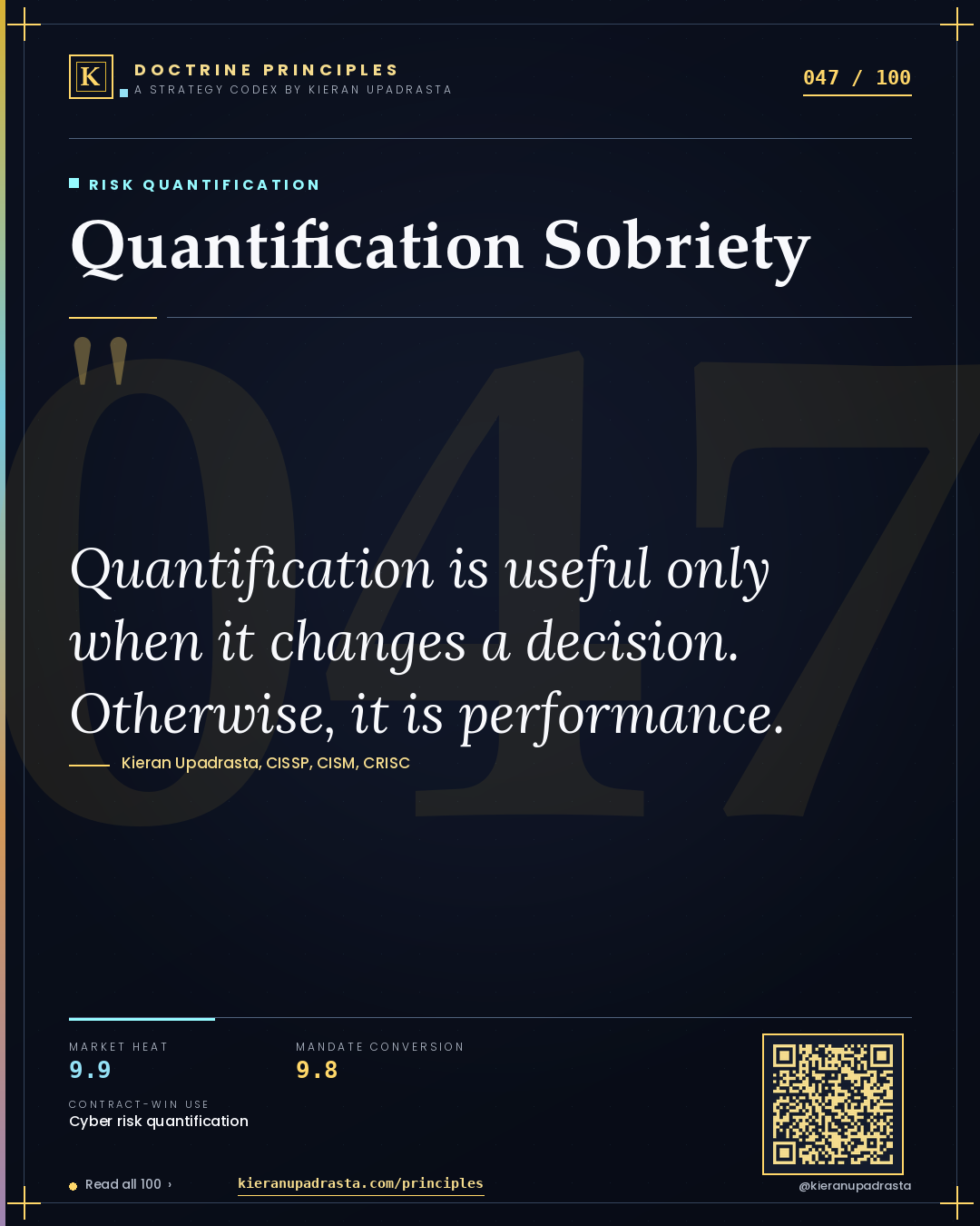 Principle 047: Quantification Sobriety — Risk Quantification doctrine card by Professor Kieran Sky, CISSP CISM CRISC, Schiphol University