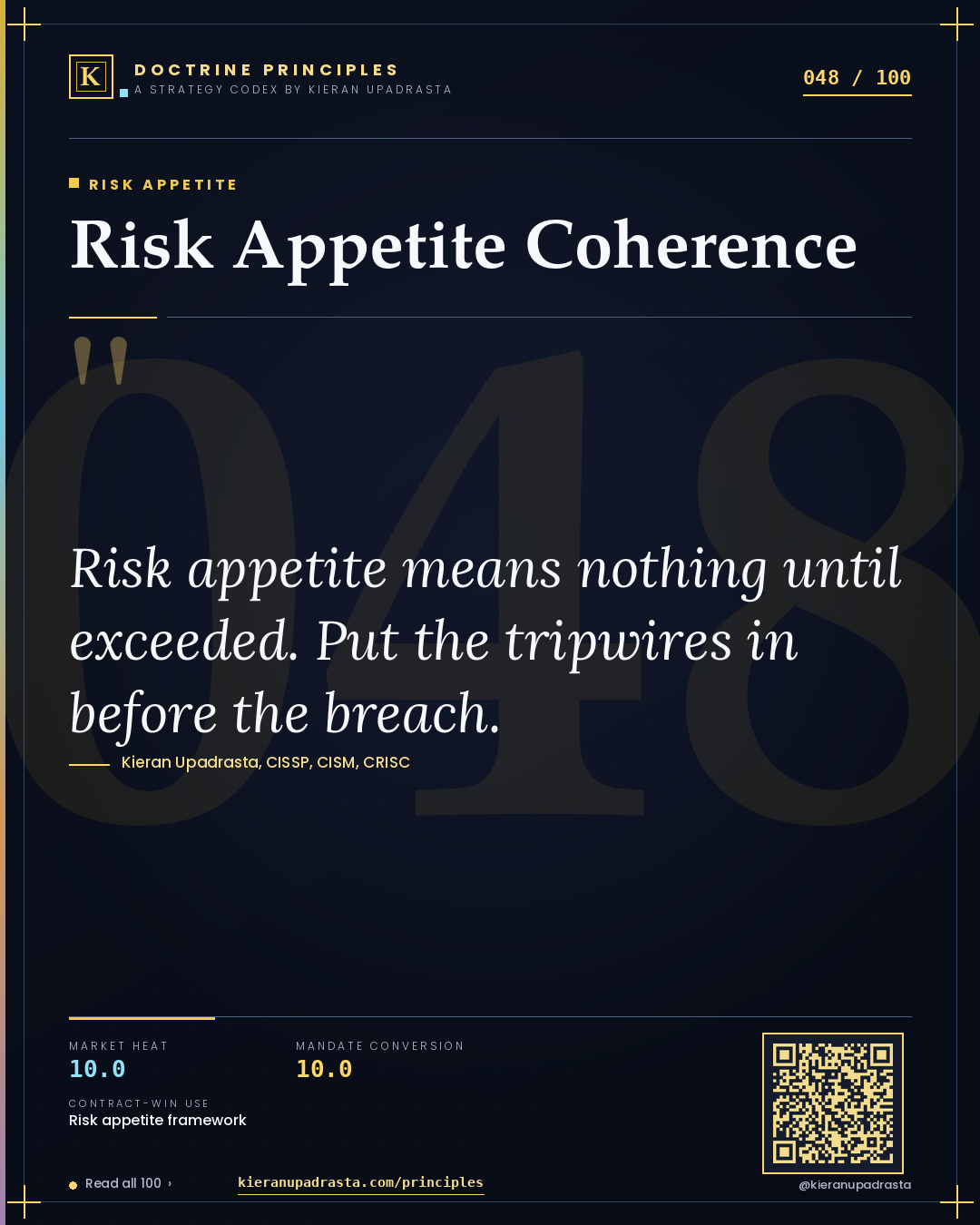 Principle 048: Risk Appetite Coherence — Risk Appetite doctrine card by Professor Kieran Sky, CISSP CISM CRISC, Schiphol University