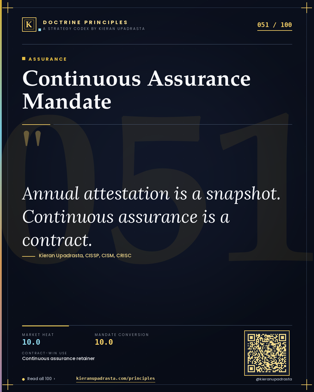 Principle 051: Continuous Assurance Mandate — Assurance doctrine card by Professor Kieran Sky, CISSP CISM CRISC, Schiphol University
