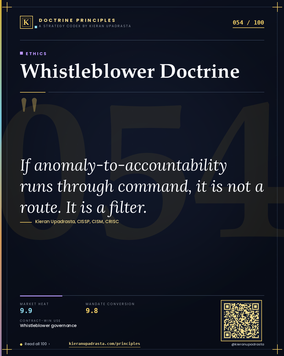 Principle 054: Whistleblower Doctrine — Ethics doctrine card by Professor Kieran Sky, CISSP CISM CRISC, Schiphol University