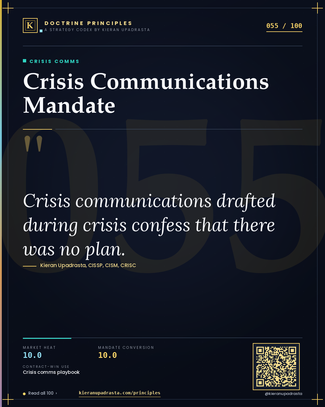Principle 055: Crisis Communications Mandate — Crisis Comms doctrine card by Professor Kieran Sky, CISSP CISM CRISC, Schiphol University