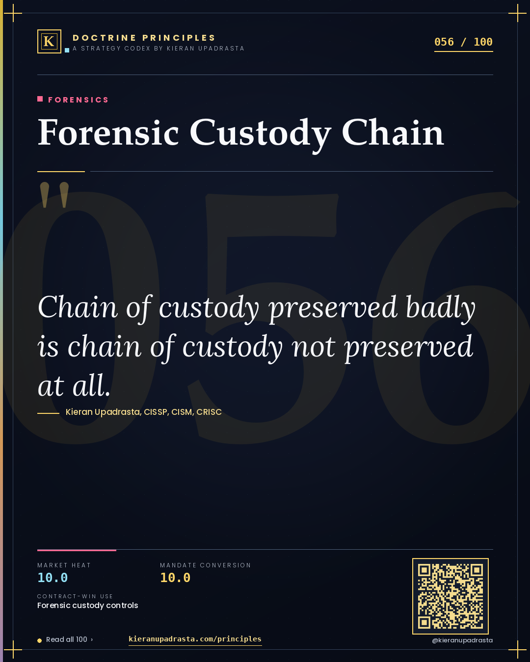 Principle 056: Forensic Custody Chain — Forensics doctrine card by Professor Kieran Sky, CISSP CISM CRISC, Schiphol University