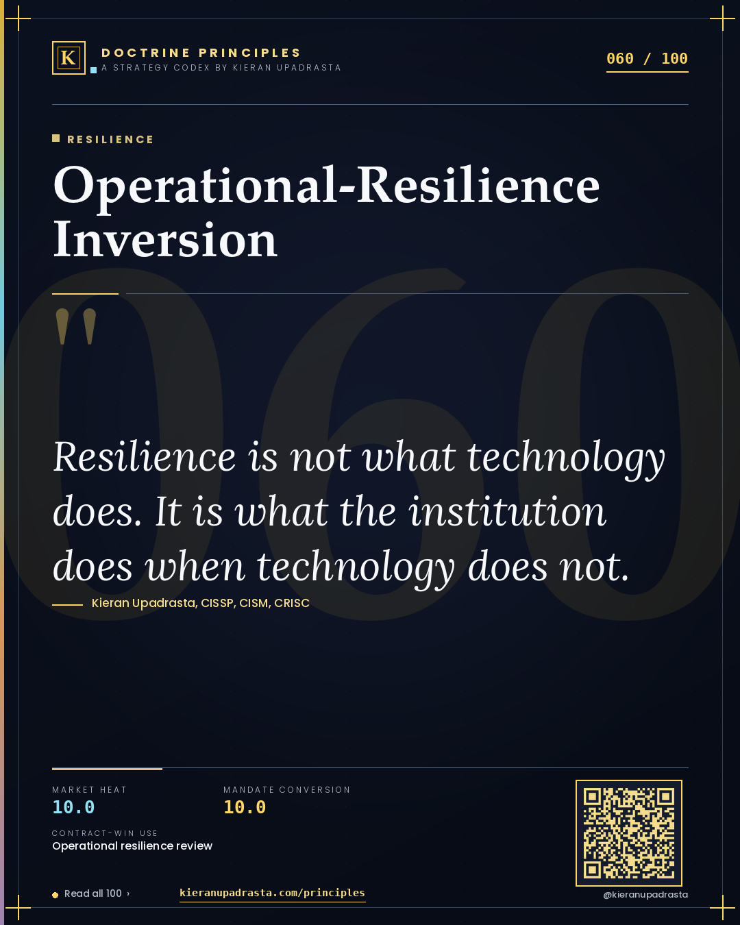 Principle 060: Operational-Resilience Inversion — Resilience doctrine card by Professor Kieran Sky, CISSP CISM CRISC, Schiphol University