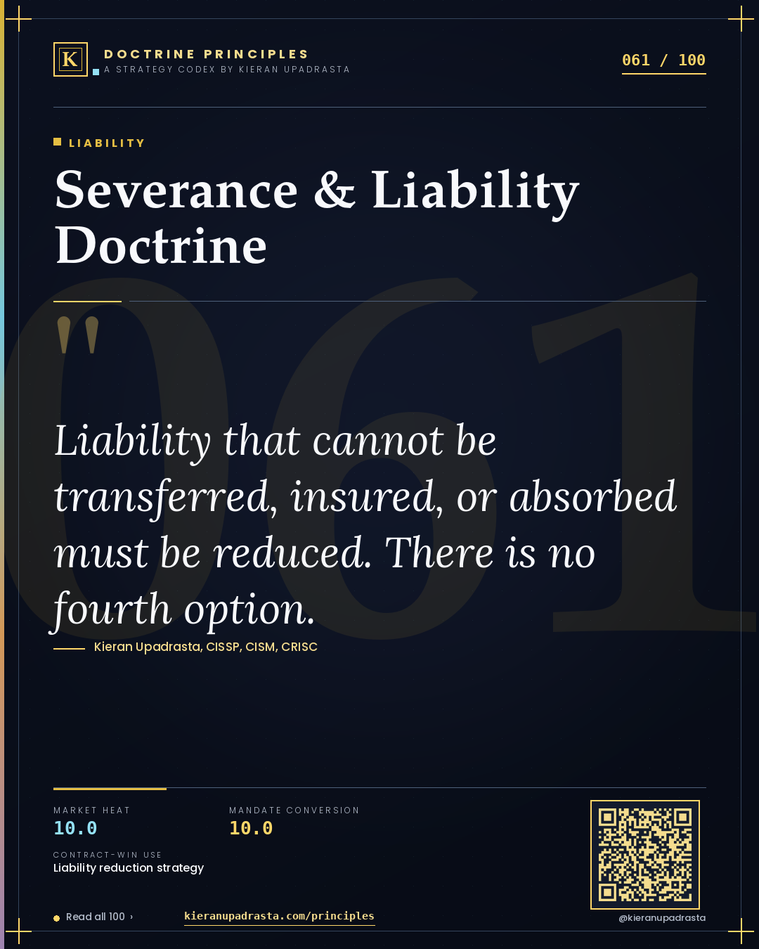 Principle 061: Severance & Liability Doctrine — Liability doctrine card by Professor Kieran Sky, CISSP CISM CRISC, Schiphol University