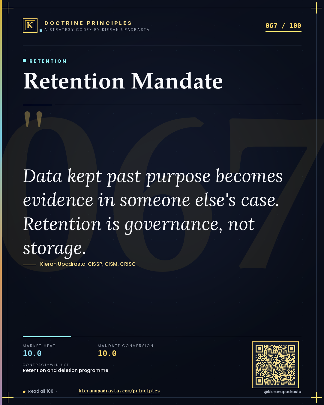 Principle 067: Retention Mandate — Retention doctrine card by Professor Kieran Sky, CISSP CISM CRISC, Schiphol University