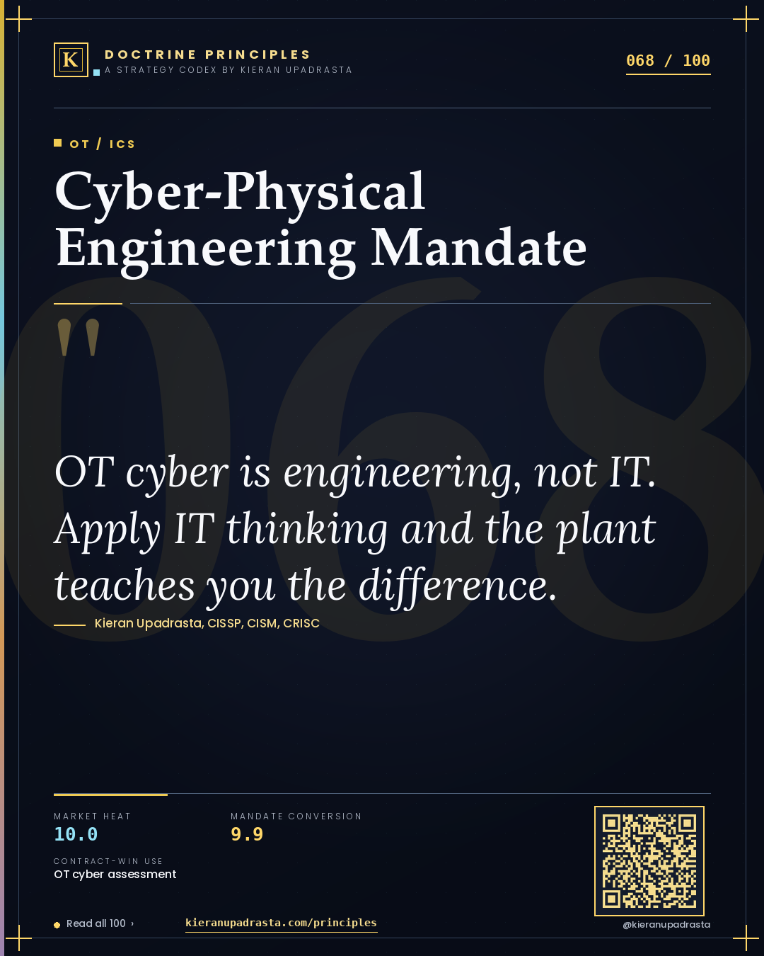 Principle 068: Cyber-Physical Engineering Mandate — OT / ICS doctrine card by Professor Kieran Sky, CISSP CISM CRISC, Schiphol University