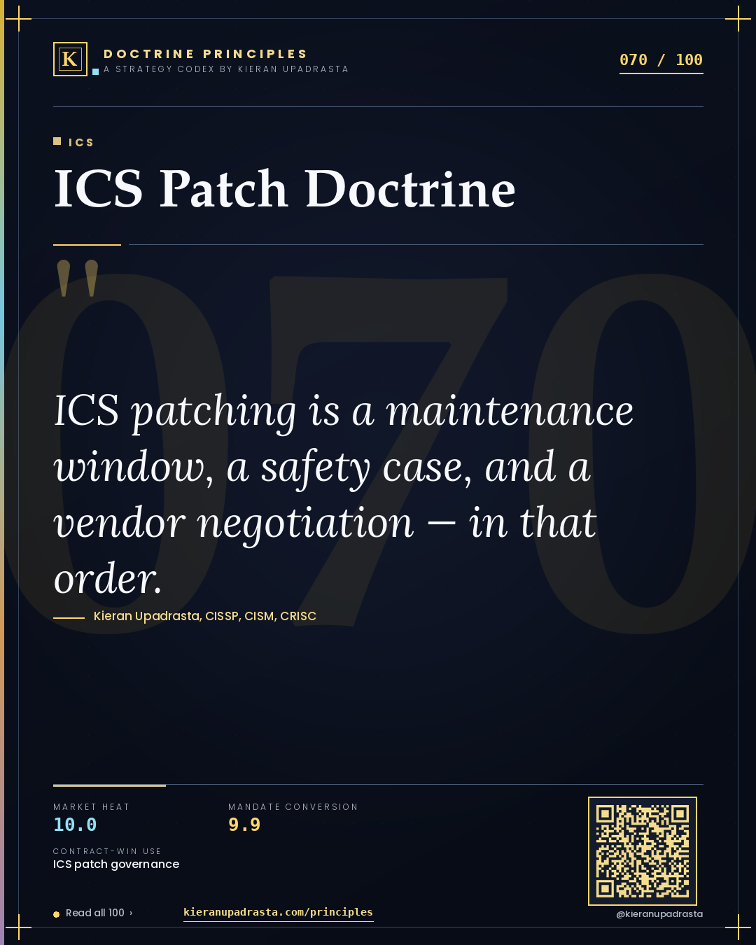 Principle 070: ICS Patch Doctrine — ICS doctrine card by Professor Kieran Sky, CISSP CISM CRISC, Schiphol University