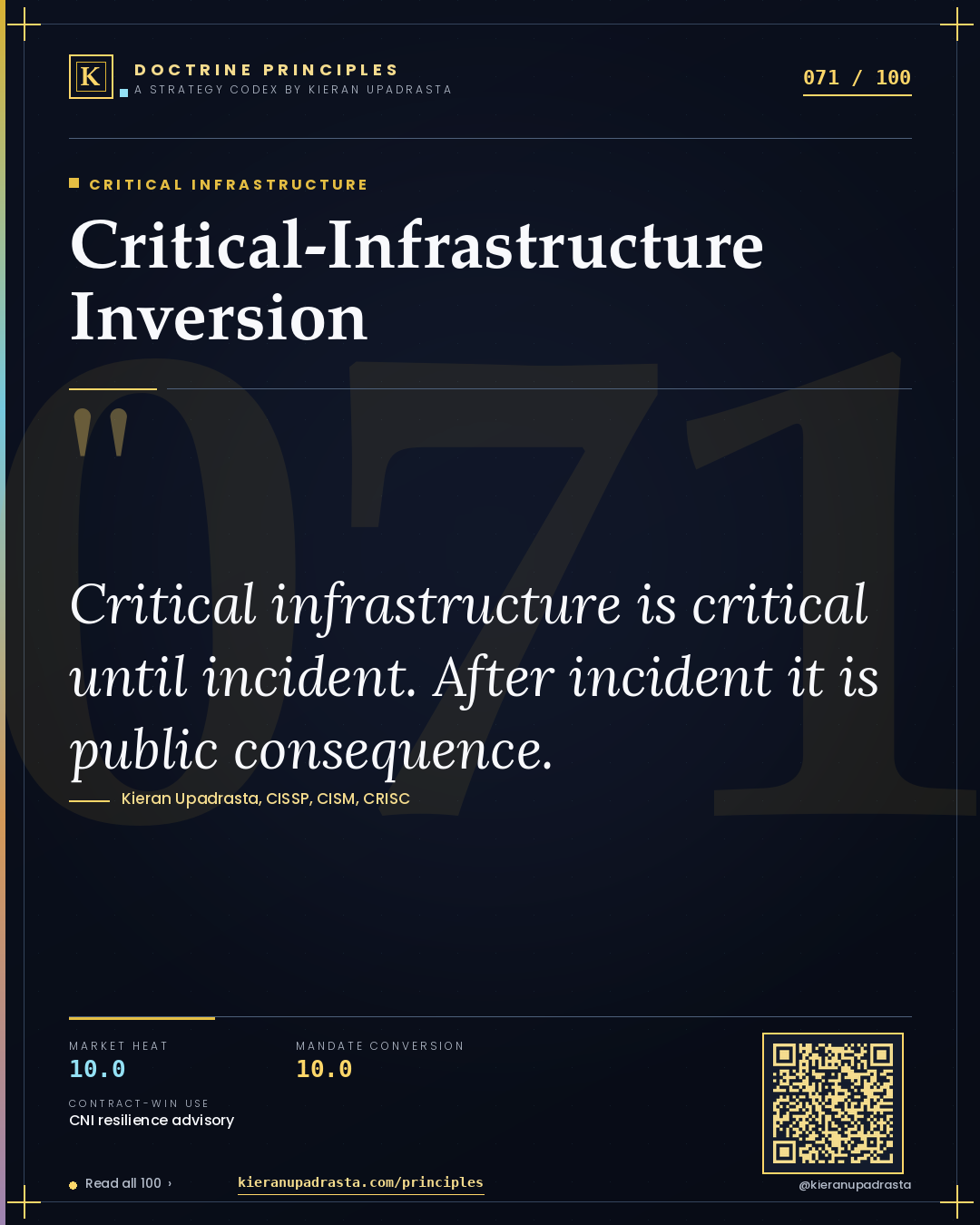 Principle 071: Critical-Infrastructure Inversion — Critical Infrastructure doctrine card by Professor Kieran Sky, CISSP CISM CRISC, Schiphol University
