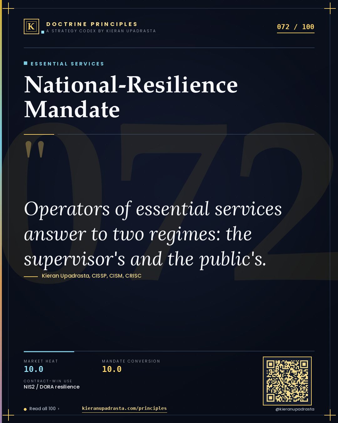 Principle 072: National-Resilience Mandate — Essential Services doctrine card by Professor Kieran Sky, CISSP CISM CRISC, Schiphol University