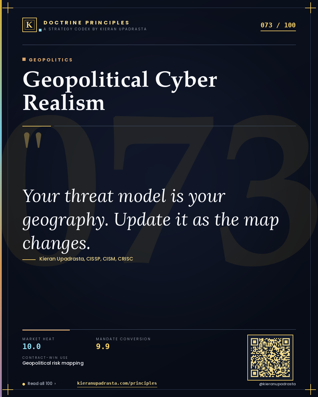 Principle 073: Geopolitical Cyber Realism — Geopolitics doctrine card by Professor Kieran Sky, CISSP CISM CRISC, Schiphol University