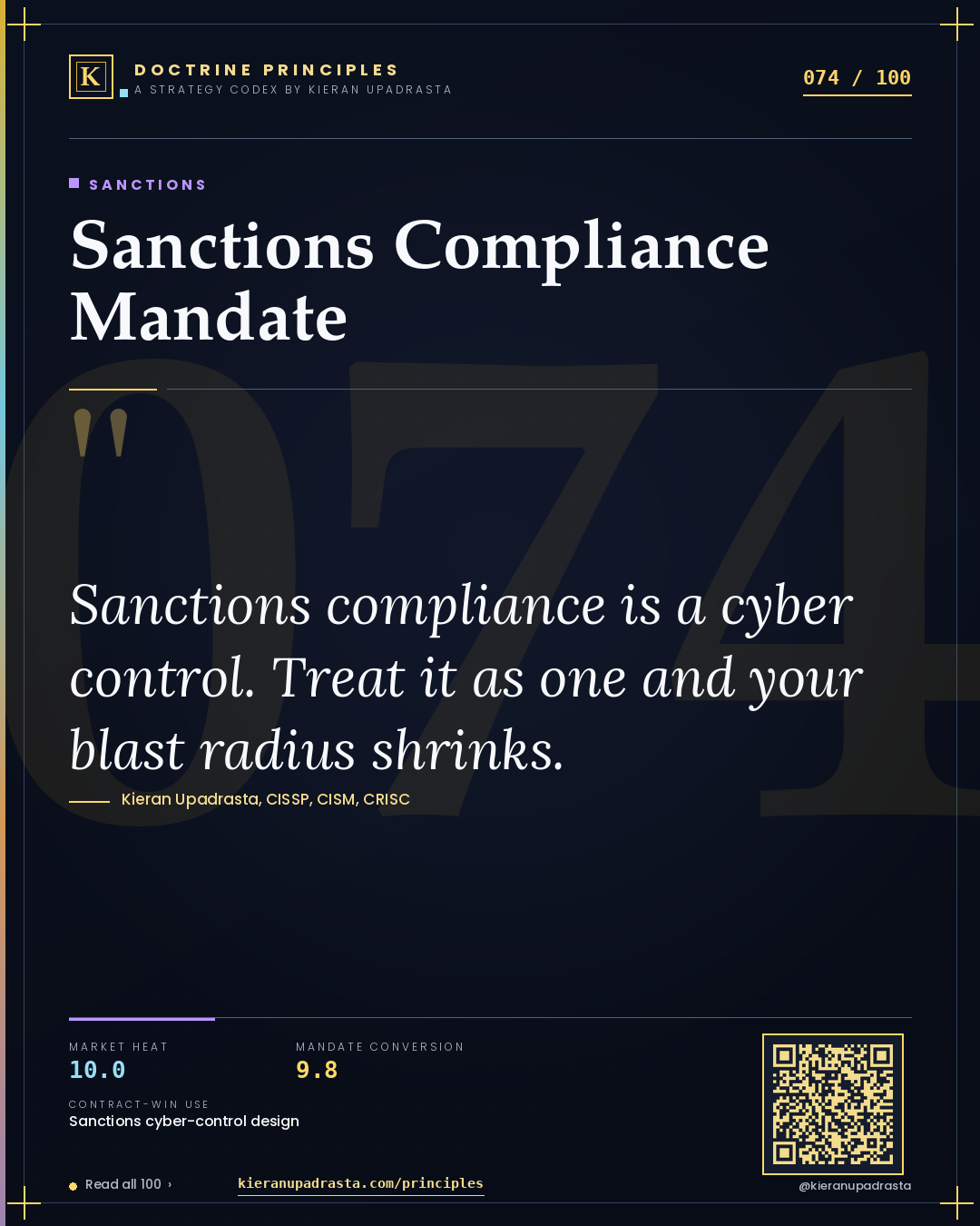 Principle 074: Sanctions Compliance Mandate — Sanctions doctrine card by Professor Kieran Sky, CISSP CISM CRISC, Schiphol University