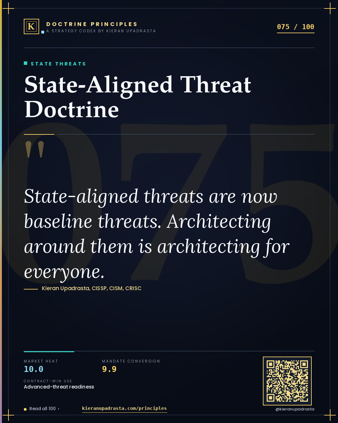 Principle 075: State-Aligned Threat Doctrine — State Threats doctrine card by Professor Kieran Sky, CISSP CISM CRISC, Schiphol University