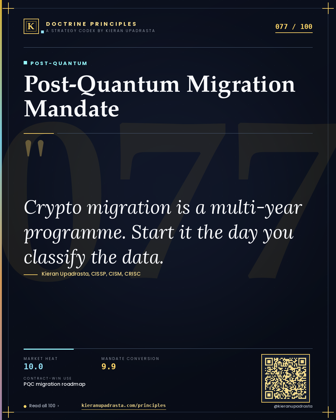 Principle 077: Post-Quantum Migration Mandate — Post-Quantum doctrine card by Professor Kieran Sky, CISSP CISM CRISC, Schiphol University