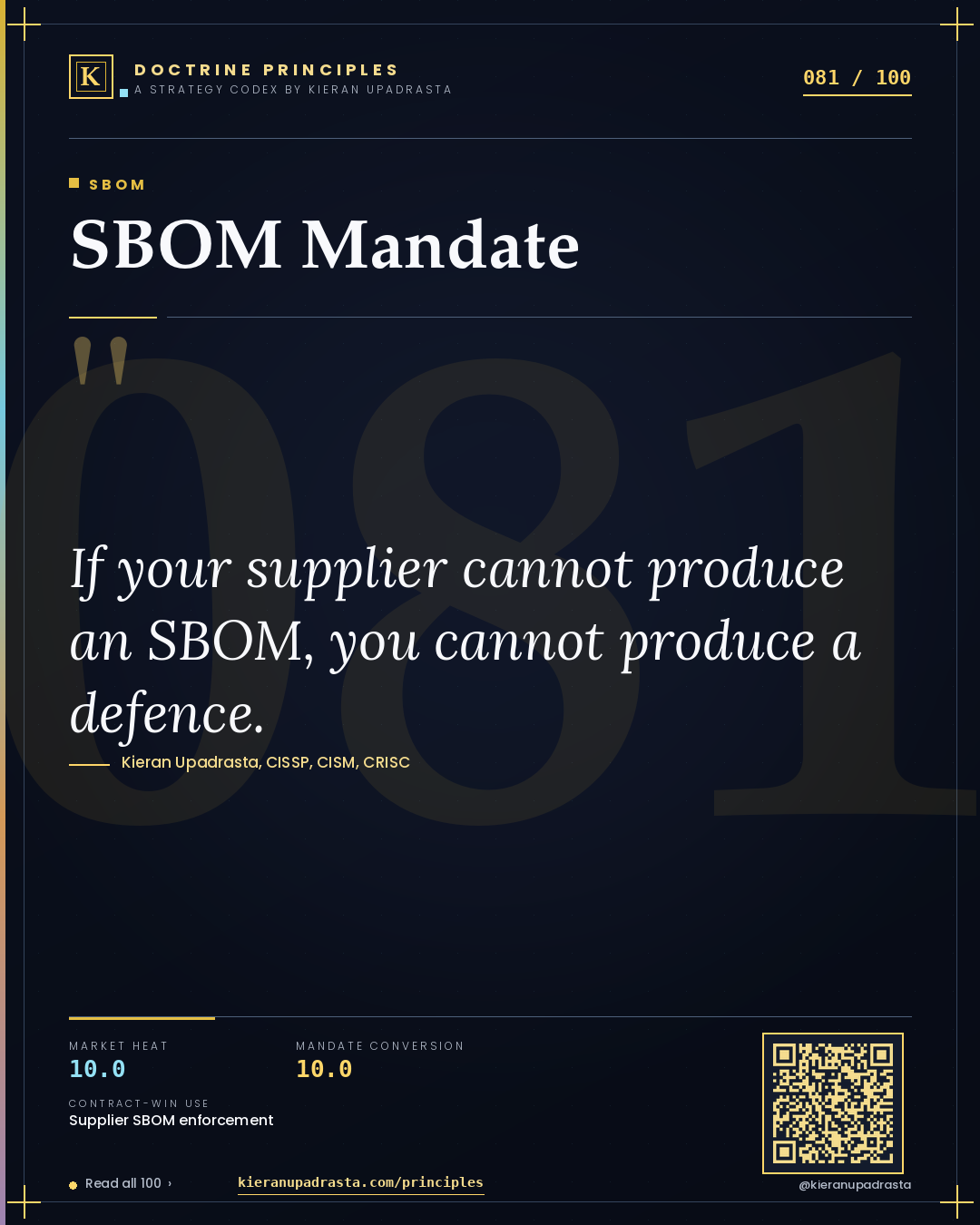 Principle 081: SBOM Mandate — SBOM doctrine card by Professor Kieran Sky, CISSP CISM CRISC, Schiphol University