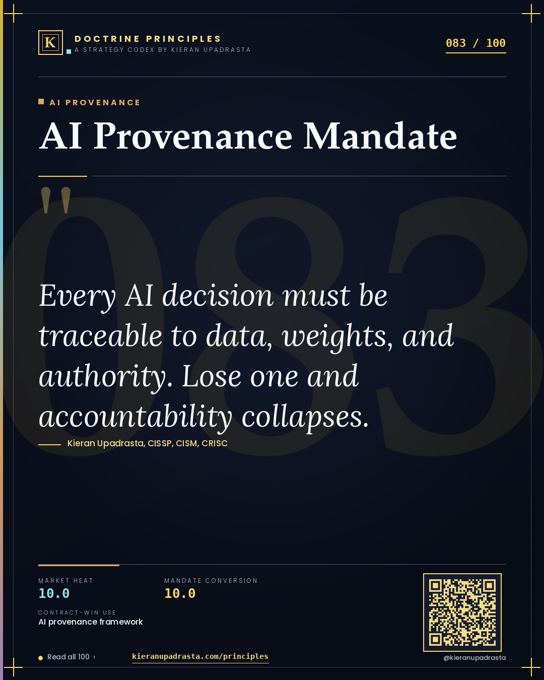 Principle 083: AI Provenance Mandate — AI Provenance doctrine card by Professor Kieran Sky, CISSP CISM CRISC, Schiphol University