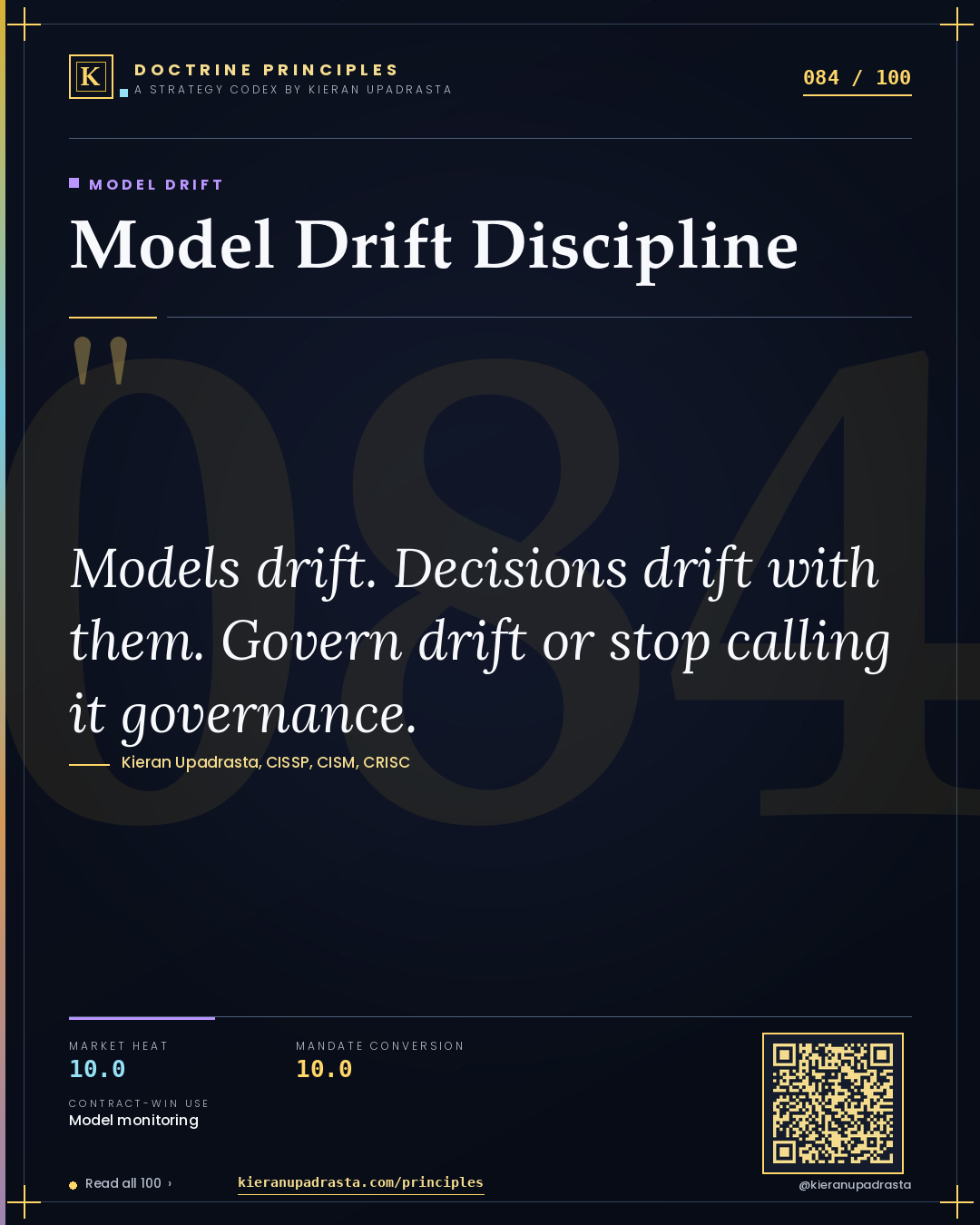 Principle 084: Model Drift Discipline — Model Drift doctrine card by Professor Kieran Sky, CISSP CISM CRISC, Schiphol University