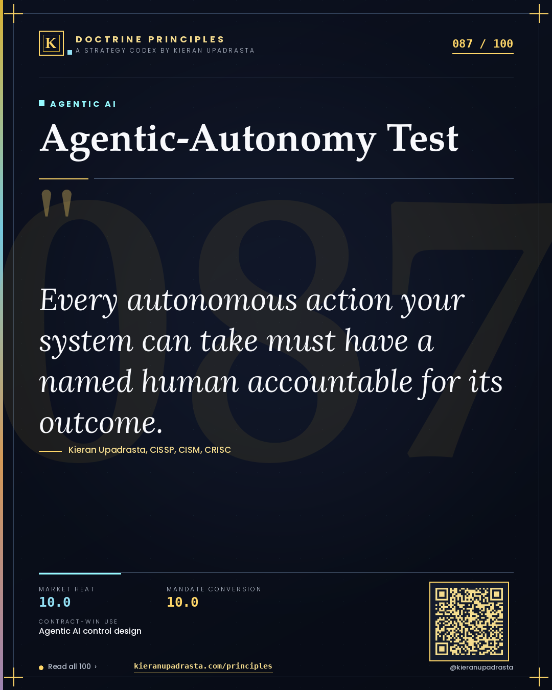 Principle 087: Agentic-Autonomy Test — Agentic AI doctrine card by Professor Kieran Sky, CISSP CISM CRISC, Schiphol University