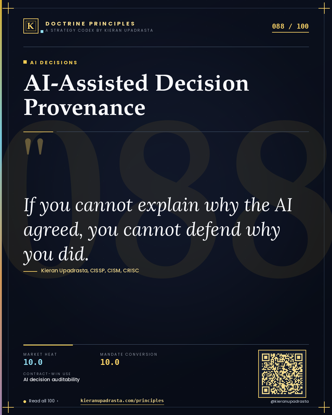 Principle 088: AI-Assisted Decision Provenance — AI Decisions doctrine card by Professor Kieran Sky, CISSP CISM CRISC, Schiphol University