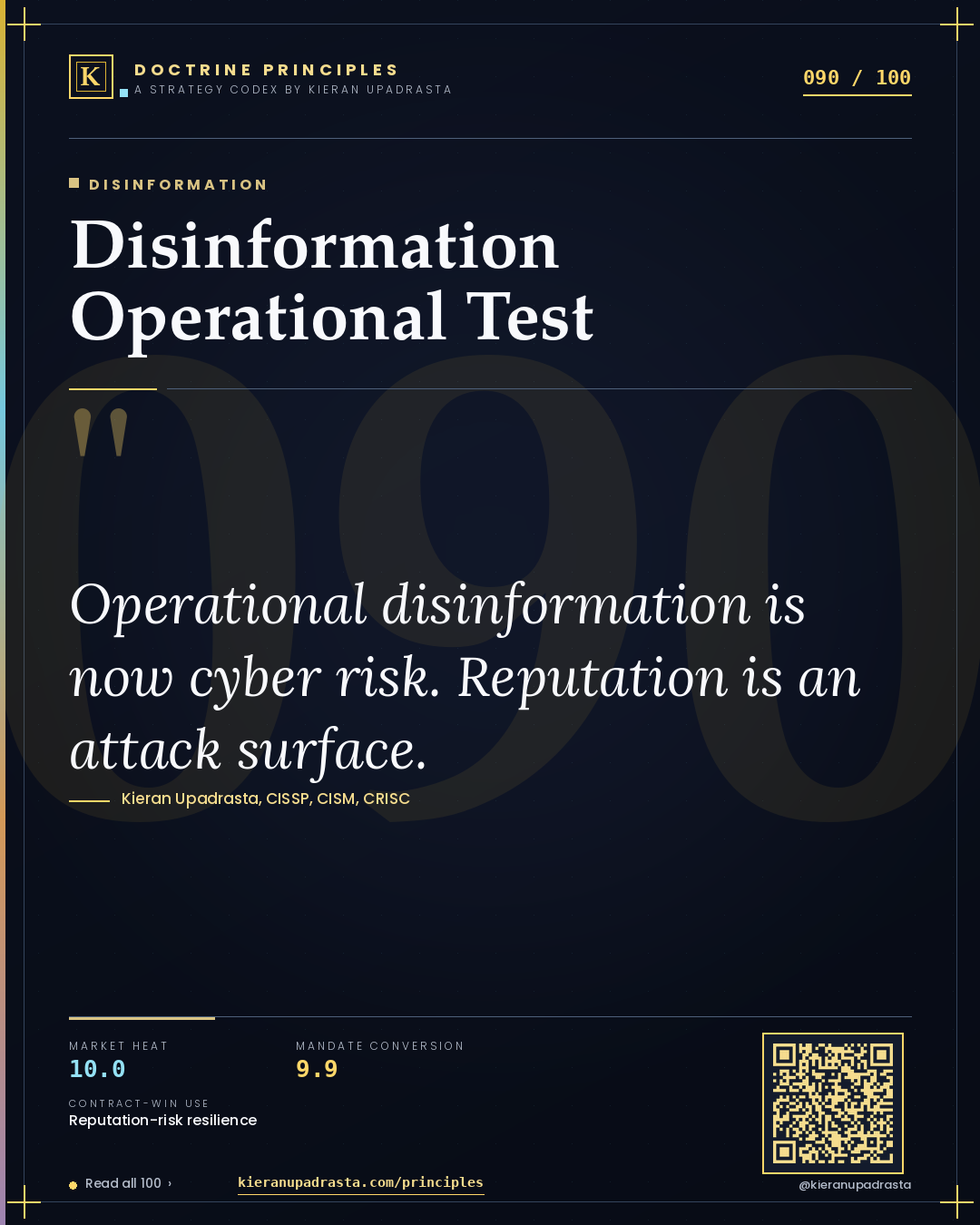 Principle 090: Disinformation Operational Test — Disinformation doctrine card by Professor Kieran Sky, CISSP CISM CRISC, Schiphol University