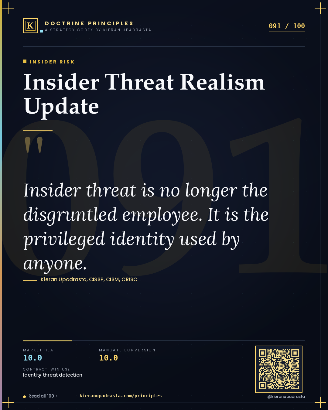 Principle 091: Insider Threat Realism Update — Insider Risk doctrine card by Professor Kieran Sky, CISSP CISM CRISC, Schiphol University